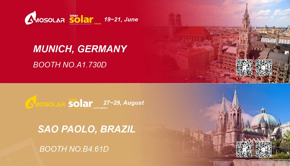 Amosolar will attend the InterSolar Europe 2024 exhibition in Germany and the Intersolar South America 2024 exhibition in Brasil The InterSolar Europe exhibition will hold on June 19-21th,2024. Our booth number is A1. 370. The InterSolar South America exhibition will hold on August 19-21th,2024. Our booth number is B4. 61D. Amosolar will bring the New Topcon Solar PV Module, Solar Lithium Battery and the Portable Power Station to attend the InterSolar exhibition. You will see the battery storage system combined the new appearance design and new-tech prismatic cell. You will see the portable outdoor power bank could worked in multiple applications for only little consumption. We are looking forward to meeting you in the The Smarter E Europe 2024 and the The Smarter E South America 2024 exhibition.