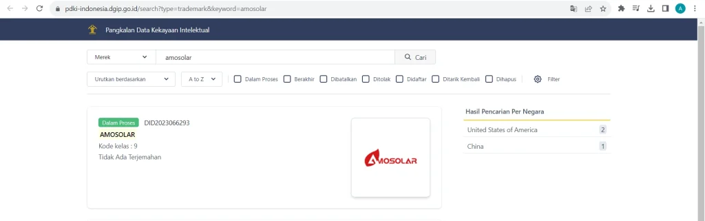 16Amosolar trademark has been listed on Intellectual Property in Indonesia.